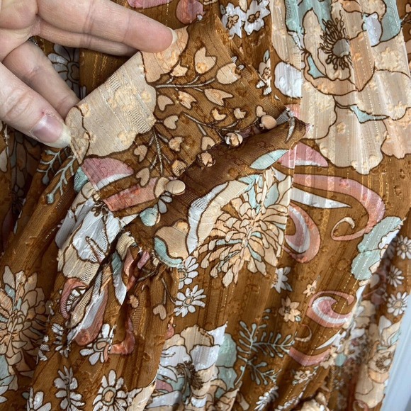 Ryegrass Large High Neck Long Sleeve Fit Flare Dress Mod Retro Rust Brown Floral - Picture 5 of 13